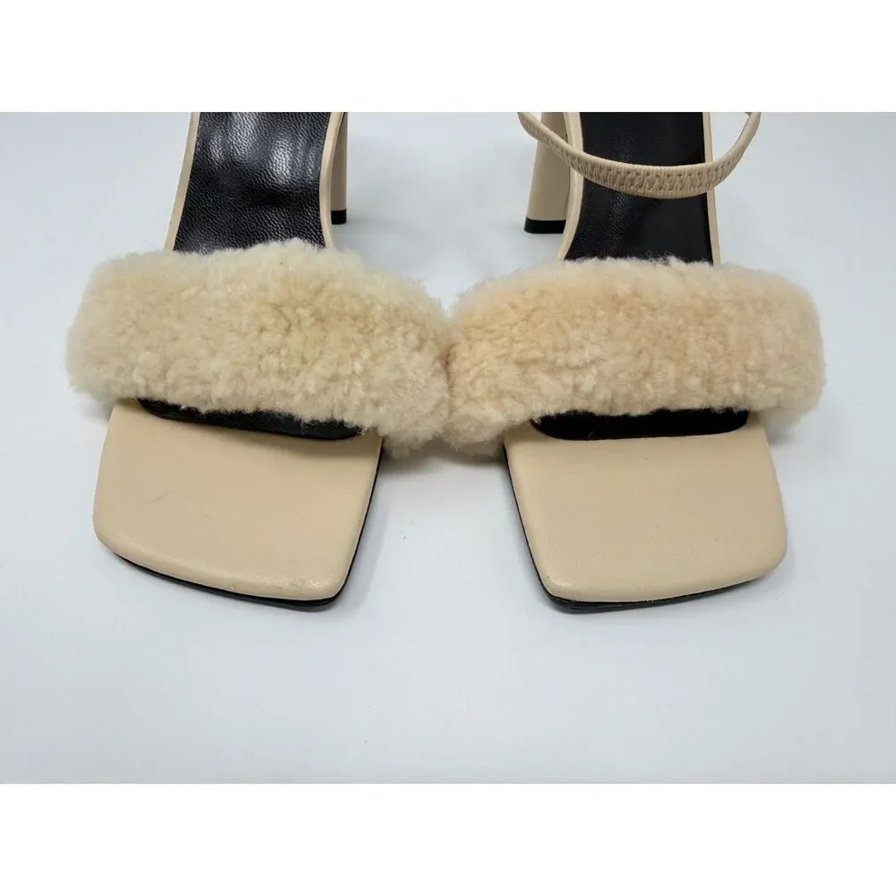 BY FAR Ada 100mm Shearling Sandals Sable Beige Size 37 US7 NWOB Minor Defect